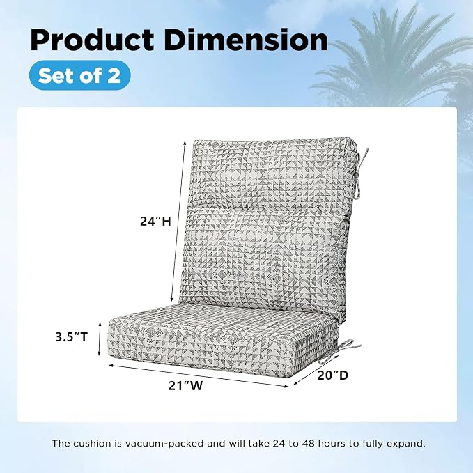 Sunbrella Outdoor Patio Chair Cushions 44x21x3.5 inch, Set of 2 Thicken Comfy Cushions for Rocker Non Slip Fade Shield Water Repellent High Back with Ties, Runa Classic