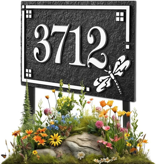 House Address Sign Address Plaque for Outside Custom Street Name Address Sign House Number with Lawn Stake (Black/Silver)