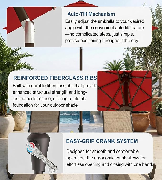 PatioKingdom Auto-Tilt 9FT Patio Umbrella Outdoor with 8 Sturdy Fiberglass Ribs,Market Table Umbrella for Pool,Backyard,Deck and Garden