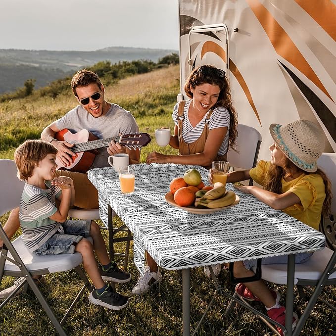 Jobunai Picnic Table Cover with Bench Covers Fitted Waterproof Large Camping Tablecloth with Elastic for 8 Foot Tables Outdoor Travel RV Essentials Summer Vacation Accessories Fun Gifts for Couples