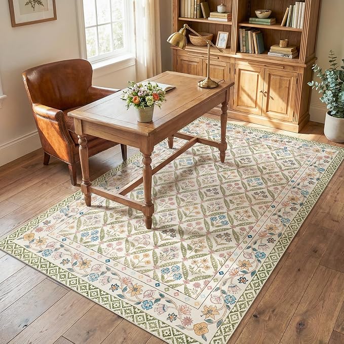 jinchan 6x9 Vintage Floral Washable Large Living Room Area Rug, Sage Green | Soft & Lightweight, Checkered Floral, Low Pile, Non Slip, Bedroom, Dining Room, Girls Room, Home Office, Cottage Decor
