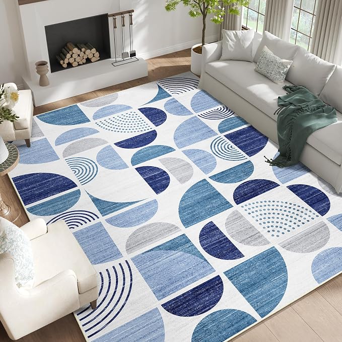 Washable Rugs 9x12,Blue Large Area Rugs Non Slip Modern Abstract | Throw Carpet for Living Room Bedroom Dining Room Boho Soft Low Pile Floor Indoor Bohemian Navy Blue
