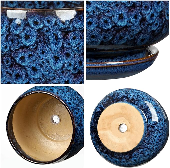 GnFlus Blue Ceramic Planter Pots with Drainage Holes, Set of 2 7''+5'' Saucers Large Round Plant Pot for Indoor-Outdoor Plants, Succulent Orchid Flower