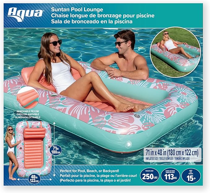 Aqua Inflatable Tanning Pool Lounger, Premium Pool Float with Cupholders and Removeable Pillow for Relaxation and Fun