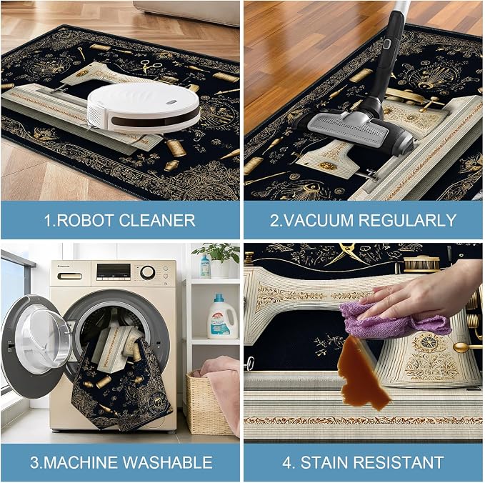 Vintage Sewing Machine Ornate 2x3 Entry Rug,Washable Small Rugs for Entryway Kitchen Bathroom Door Mat Indoor Entrance,Non Slip Rubber Backing,Stain & Fade Resistant,Craft Lover Decor