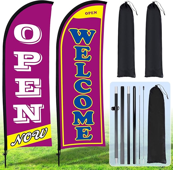 Buryeah 2 Sets Now Open Flag Banner for Business Advertising 7 ft Feather Flag Sign with Flagpole Ground Stake Portable Bag (Purple)