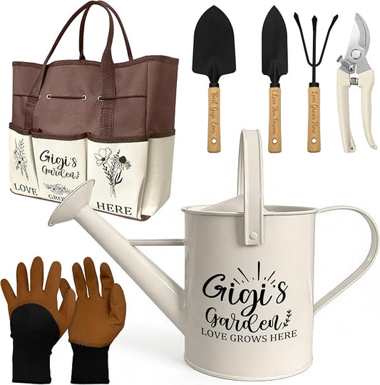 Gigi Gifts, Garden Kit Gifts for Gigi Mothers Day from Grandkids Gardening Tools and Durable Garden Tools Organizer Tote, Ideal Gardening Set for Women on Plant Lover Birthday Present Brown