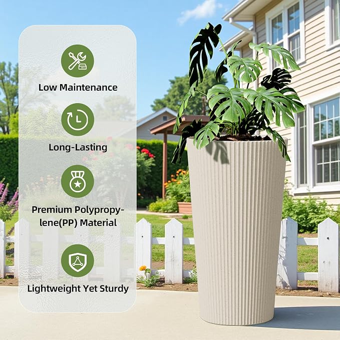 23.6" H Tall Planters for Outdoor Plants Set of 2 - Fluted Large Outdoor Planters for Front Porch Decor with Drainage Hole, Plastic Round Flower Pots Fits Indoor Plants Patio/Garden, Beige