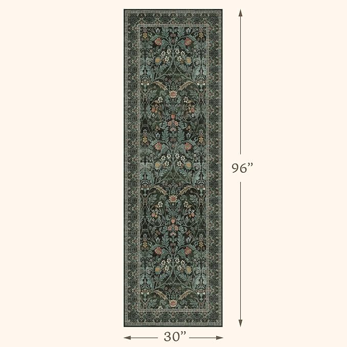 Washable 2'6"x8' Entryway Runner Rugs Non Skid, 8ft Long Hallway Runner Rug, Non Slip Wide Carpet Runners for Kitchen, Bathroom, Dark Green Low Pile Soft Vintage Dark Floral Floor Decor (Dusty Teal)