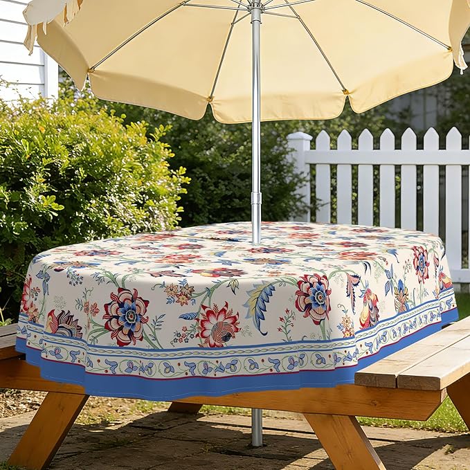 Vintage Flowers Outdoor Oval Tablecloth with Umbrella Hole 54" x 72" Waterproof Zipper Table Cloth for Patio Table - Ideal Tablecloths for Picnics, Camping, and Yard Use