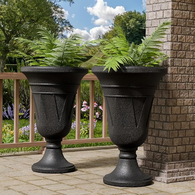 23.6" Tall Plastic Urn Planters for Outdoor Plants, Set of 2 Heavy-Duty Classic Indoor Large Flower Pots with Drainage Holes & Trophy Design, Outdoor Planters for Porch, Home Garden, Black