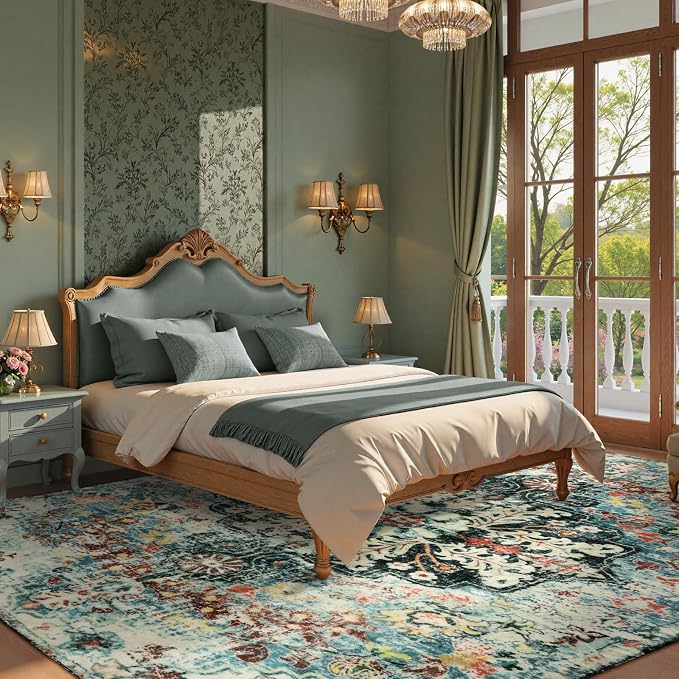 Lahome Reine Area Rugs 9x12 Living Room Boho Washable Rugs,Large Boho Rugs for Bedroom Dining Room,Floral Soft Non Slip Low Pile Throw Indoor Floor Carpet for Nursery Kids Playroom(9x12ft,Teal)