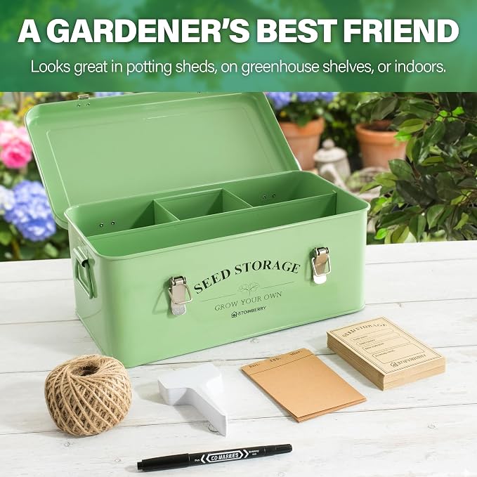 Seed Storage Box Organiser – Green Garden Seeds Tin with Lid, Side Handles, 4 Compartments & Safety Lock – Seed Packet Container for Gardeners – Gardening Gift Idea with Over 100 Accessories | Seed Tin with Lid, Handles, 4 Sections & Safety Lock, Over ...