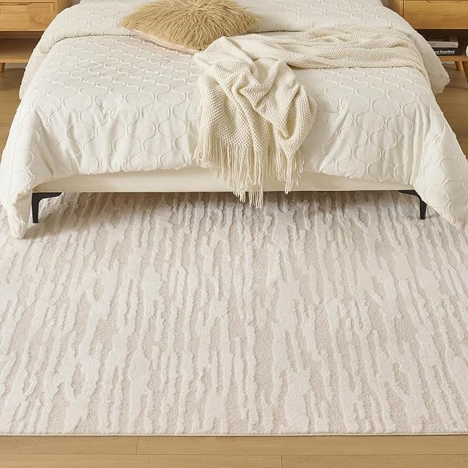 Textured High-Low Striped Area Rug for Living Room Bedroom, Modern, Wabi-Sabi, Minimalist, Japandi, Neutrel, Washable Soft Cozy 6 * 8 feet
