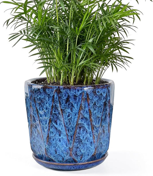 7.8 Inch Ceramic Plant Pot with Drainage Hole Mesh Net, Large Flower Pots for Indoor Plants with Saucer, Gardening Pots Outdoor, Blue