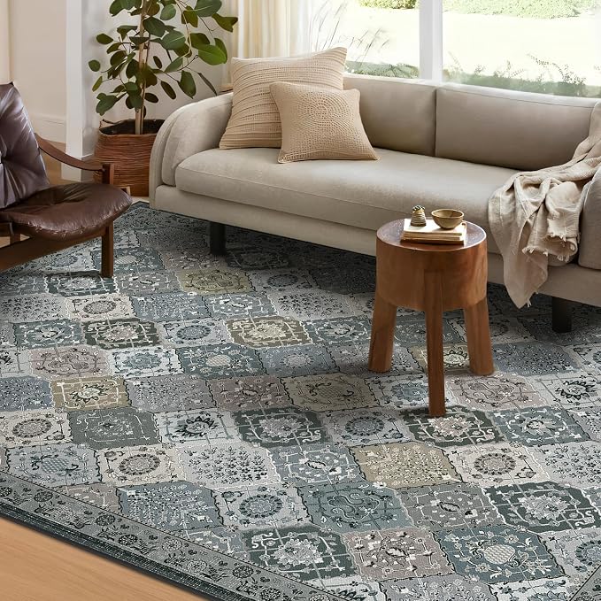 Phantoscope Washable Area Rug 5'x7' Non-Slip, Vintage Boho Rugs for Living Room, Bedroom, Dining Room, Distressed Moroccan Mosaic Diamond Pattern, Low-Pile Foldable Floor Carpet, Grey Charcoal