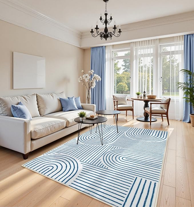 Lahome Abstract Washable Area Rugs 5x7, Soft Blue Rugs for Living Room | Ultra-Thin Non-Shedding Bedroom Modern Throw Large Carpet for Dining Room Classroom Office Darrell, Blue/White