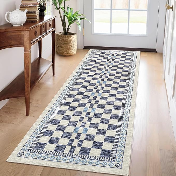 GarveeHome Runner Rug 2x10 for Kitchen Blue Contemporary Checkered Long Rug | Machine Washable Modern Abstract Runners for Bathroom Non-Slip Low Pile Easy-Clean Soft Area Rug for Bedroom Porch Hallway