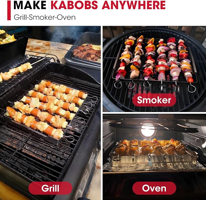 Unicook Stainless Steel BBQ Shish Kabob Set, Foldable Shish Kabob Holder with 6pcs 13"L Skewers, Reusable Grill Rack, Comes with 30pcs 12.5"L Bamboo Skewers for Party and Cookout