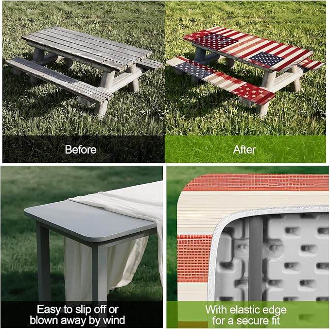 Picnic Table Cover with Bench Covers Set of 3 - Red White Blue Buffalo Plaid Flag Pattern, Elastic Fitted Tablecloth for 6 Ft Tables, Washable Polyester Cover for Camping, Indoor & Outdoor