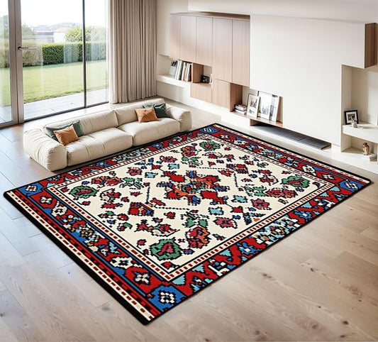 9x12 Area Rugs for Living Room Colorful Oriental Mosaic Traditional Geometric Ornament Floral Motifs Washable Large Area Rug for Bedroom Non Slip Outdoor Carpets Soft Mats Kitchen Home Office Decor