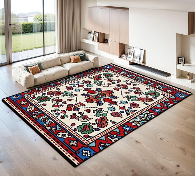 8x10 Area Rugs for Living Room Colorful Oriental Mosaic Traditional Geometric Ornament Floral Motifs Washable Large Area Rug for Bedroom Non Slip Outdoor Carpets Soft Mats Kitchen Home Office Decor