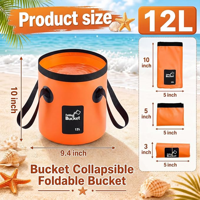 3 Gallon 3 Pack Collapsible Bucket, Foldable Water Bucket with Handles, Portable Camping Buckets for Fishing, Hiking, Cleaning, Outdoor & Travel Use (Orange)