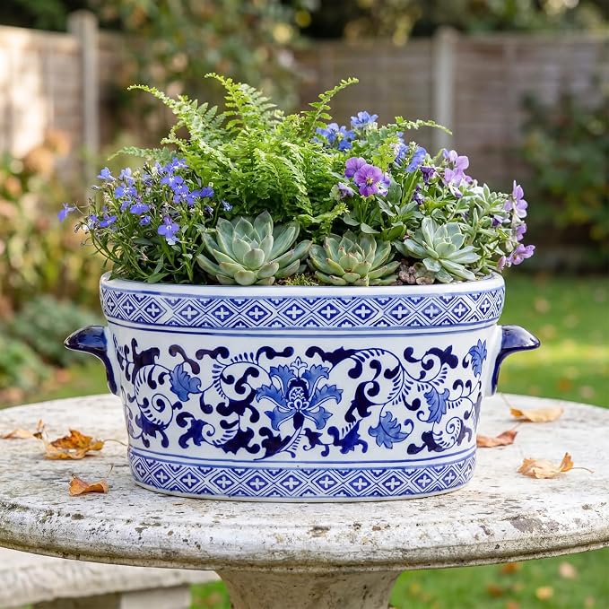 LemonRoad Blue and White Ceramic Planter Pot 14 x 7.7 x 6.1 inches Porcelain Vintage Floral Oval Cachepot Vase Chinoiserie Decor for Indoor Plants Flowers Succulents Home Living Room(Elegant Style)
