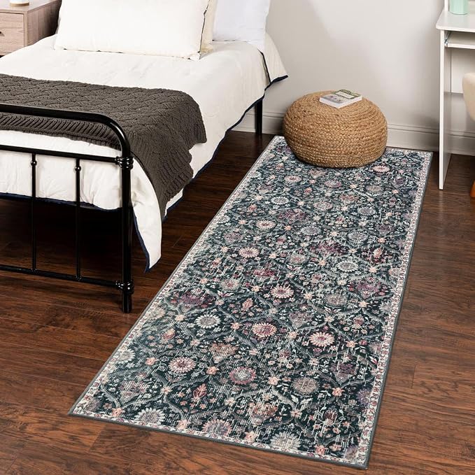Lahome Moroccan Washable Runner Rug, 2x6 Kitchen Runners for Hallways | 6 Feet Non Slip Trellis Vintage Laundry Room Rug Ultra-Thin Carpet for Bathroom Bedroom Entryway Elise, Black Multi