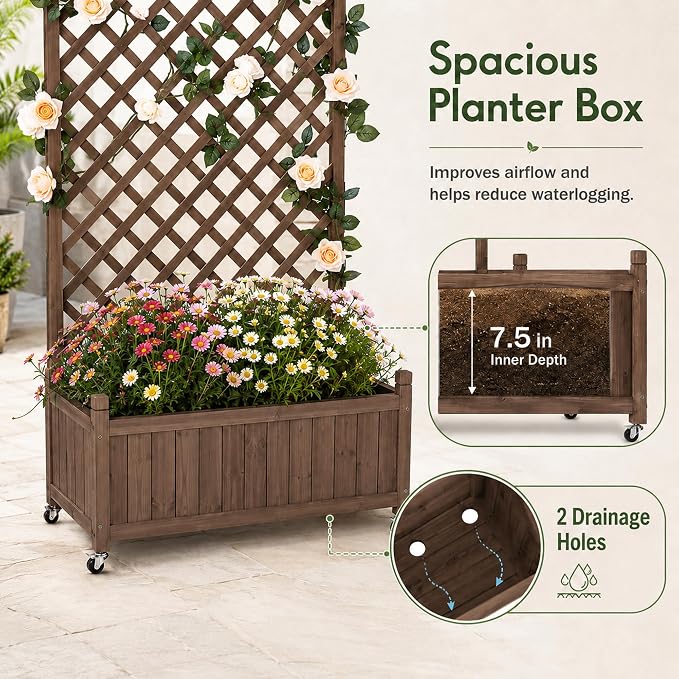Trellis Raised Garden Bed with Wheels Trellis for Climbing Plants Outdoor | 63"H × 36"W × 17.5"D Tall Lattice Privacy Screen with Drainage Holes