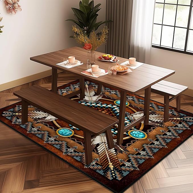 Southwestern Area Rug 4x6 Washable Bedroom Rug Vintage Rugs,Aztec Tribal Native American Throw Rugs Brown Non Slip Western Area Carpet Soft Floor Carpets Mat for Living Room,Dining Room,Laundry
