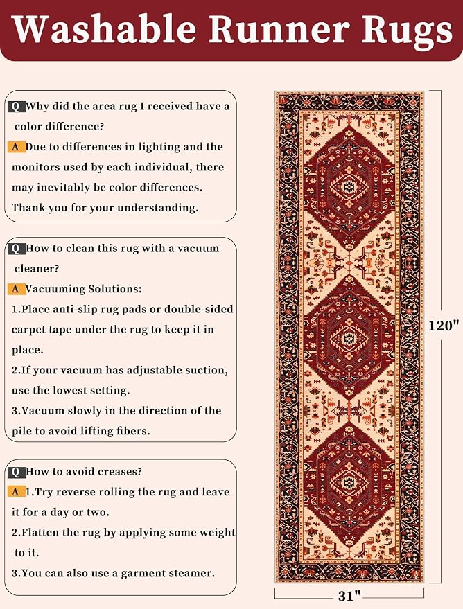 SERISSA 2'6"x10' Washable Non Slip Boho Runner Rug for Hallway，Red Black | Ultra Soft Vintage Oriental Carpet Low-Pile Tribal Floor Carpet for Kitchen Bedroom Bathroom Laundry Room