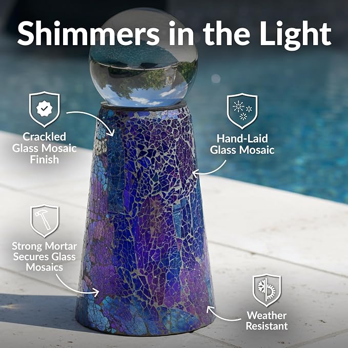 Sunnydaze Glass Gazing Ball Stand for Outdoors, Iridescent Purple | Outdoor Mosaic Sphere Holder & Pedestal for Backyard or Patio Decoration, 11" Tall Gazing Globe Stand, Fits 10-12 in Balls