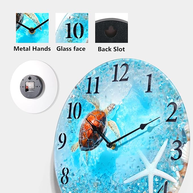 WISKALON Coastal Nautical Glass Wall Clock with Seashell Design and Turtle Beach Theme - Battery Operated Silent Wall Decor for Home, Kitchen, Living Room, Office, Bedroom, or Bathroom (12 Inch,Blue)