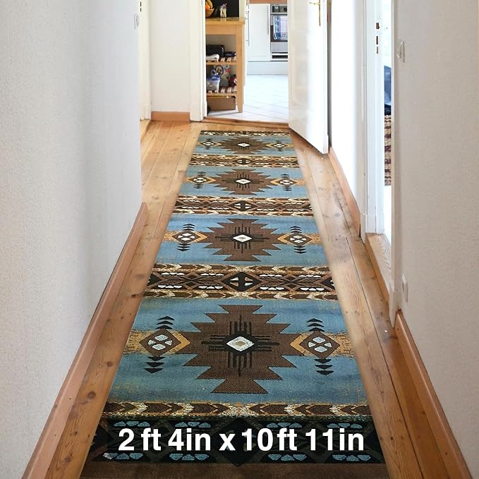 YHSF Southwest Native American Area Rug – Thick, Soft, Durable & Easy to Maintenance Tribal Design Boho Rug– Ideal for Bedroom, Living Room & Hallway - Blue-Brown, 2 Feet 4 Inches x 10 Feet 11 Inches