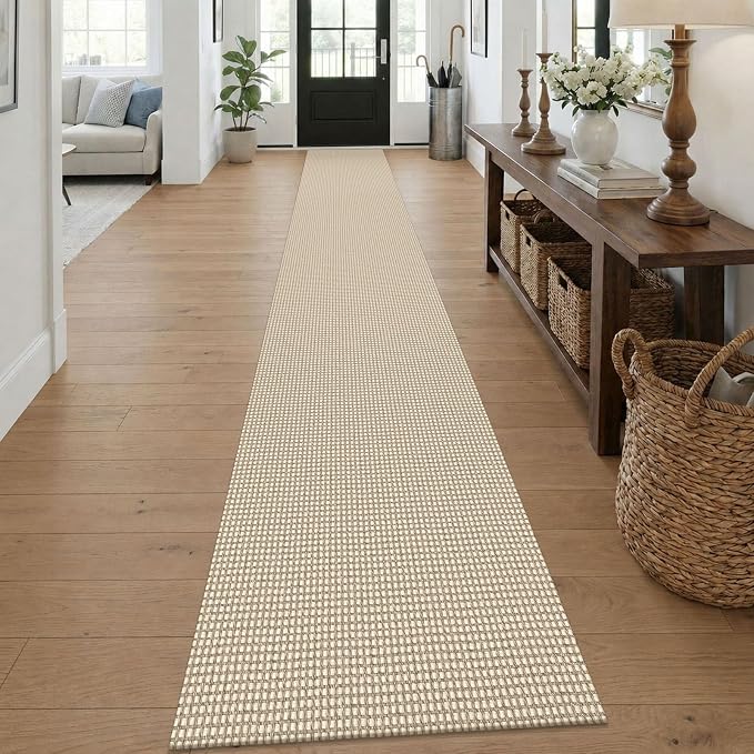 KOZYFLY Braided 2x18 Runners Rugs for Hallway, Extra Long Washable Runner Rug, Woven Non Slip Kitchen Runner, Cotton Entryway Rug, Floor Carpet for Entry, Aisle, Hall, Ivory/Camel/Brown