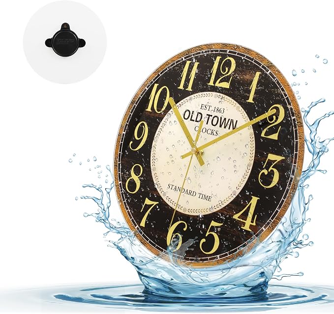 WISKALON Indoor Outdoor Glass Clock 12 Inch Waterproof Retro Vintage French Country Style Wall Clock Battery Operated Silent Non-Ticking for Bathroom Patio Pool Wall Decor Black Gold