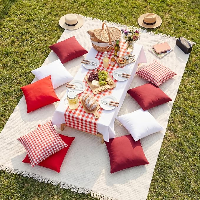 Yuntau Large Outdoor Boho Picnic Blanket with Table Runner 8 Pink White Red Pillows Covers No Pillow Summer Picnic Decor for Camp Birthday Party Bridal Shower Outdoor Backyard Garden(Red)