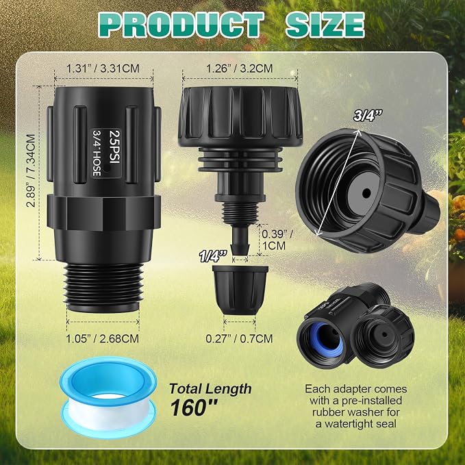 2 Set Drip Irrigation Faucet Adapter Kit, 2 Pcs 25 PSI Garden Hose Pressure Regulator, 2 Pcs 1/4'' Drip Irrigation Tubing to 3/4'' Faucet, 1 Roll Plumbing Tape