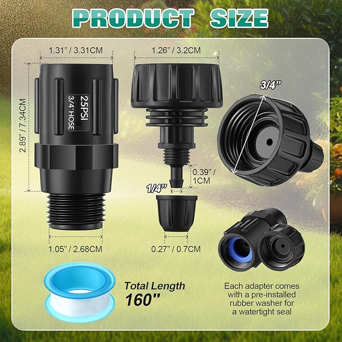 4 Set Drip Irrigation Faucet Adapter Kit, 25 PSI Garden Hose Pressure Regulator, 1/4'' Drip Irrigation Tubing to 3/4'' Faucet, Plumbing Tape