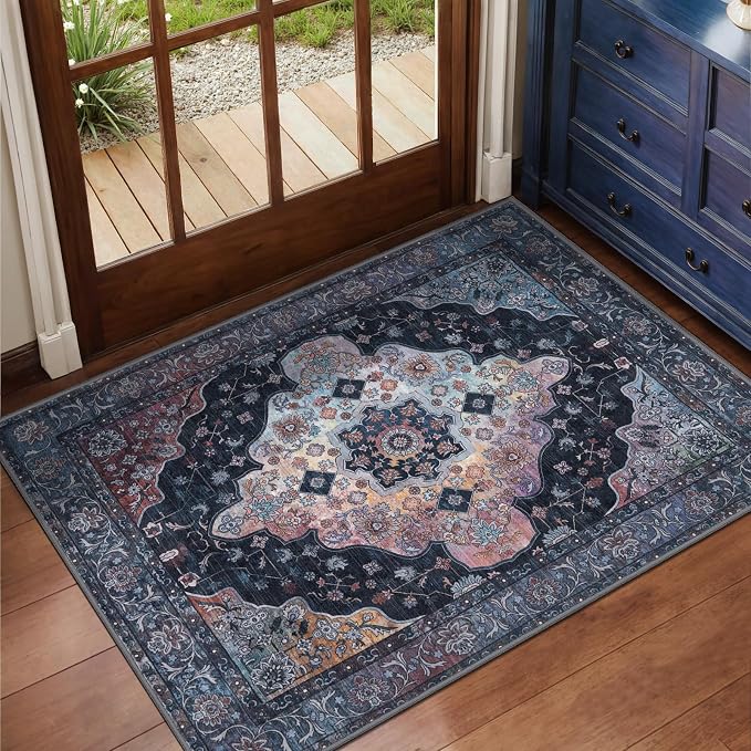 Tangsoo Vintage 2x3 Washable Rugs for Entryway, Non Slip Small Rug Blue | Oriental Indoor Front Door Rug, Boho Soft Low Pile Door Mat Small Carpet Throw Rugs for Entry Entrance Kitchen Bedroom Decor