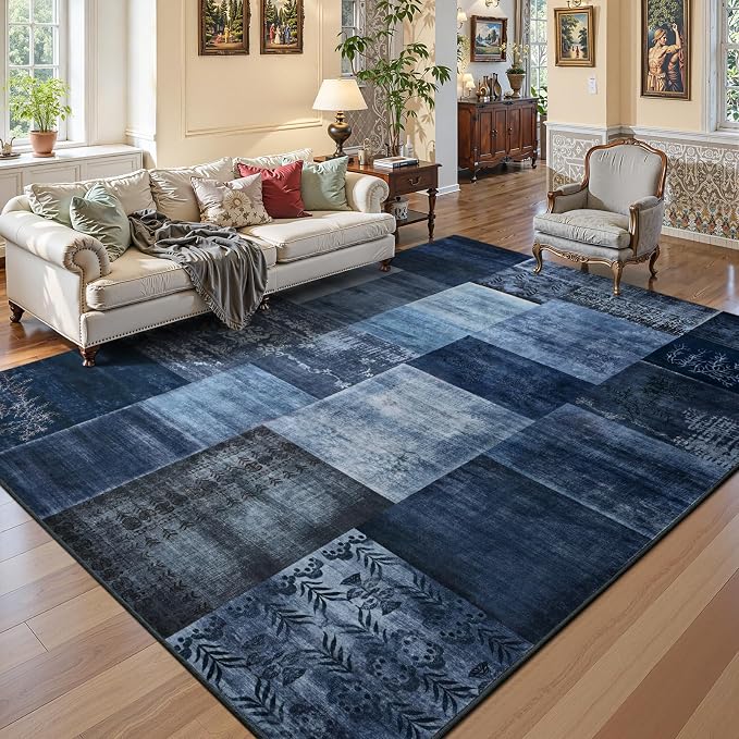 Washable Area Rugs 4x6 for Living Room, Modern Geometric Navy Blue Soft Patchwork Carpet, Non-Slip Stain Resistant Throw Rug for Bedroom Dining Room Office Home Decor