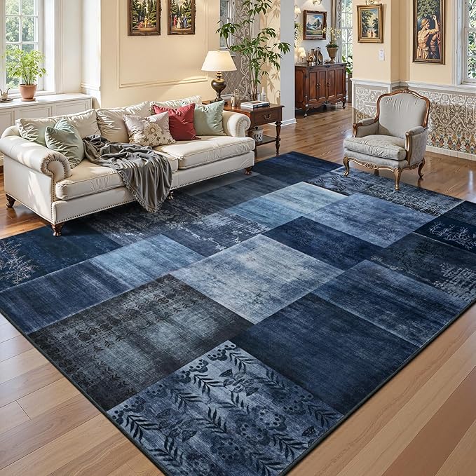 Washable Area Rugs 5x7 for Living Room, Modern Geometric Navy Blue Soft Patchwork Carpet, Non-Slip Stain Resistant Throw Rug for Bedroom Dining Room Office Home Decor