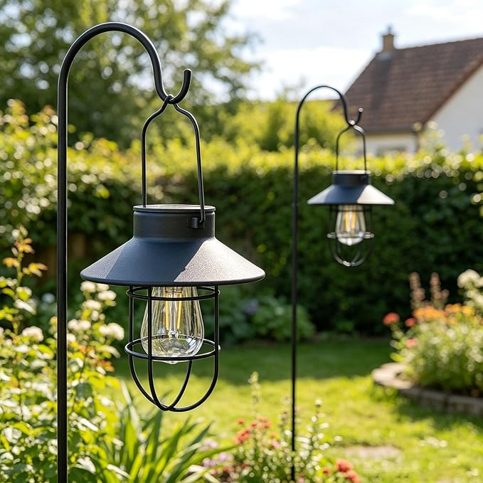 Solar Lantern 2pack Outdoor Hanging Light- Waterproof Vintage Metal Light with Shepherd Hook Decorative for Patio, Backyard, Porch, Yard (Black)