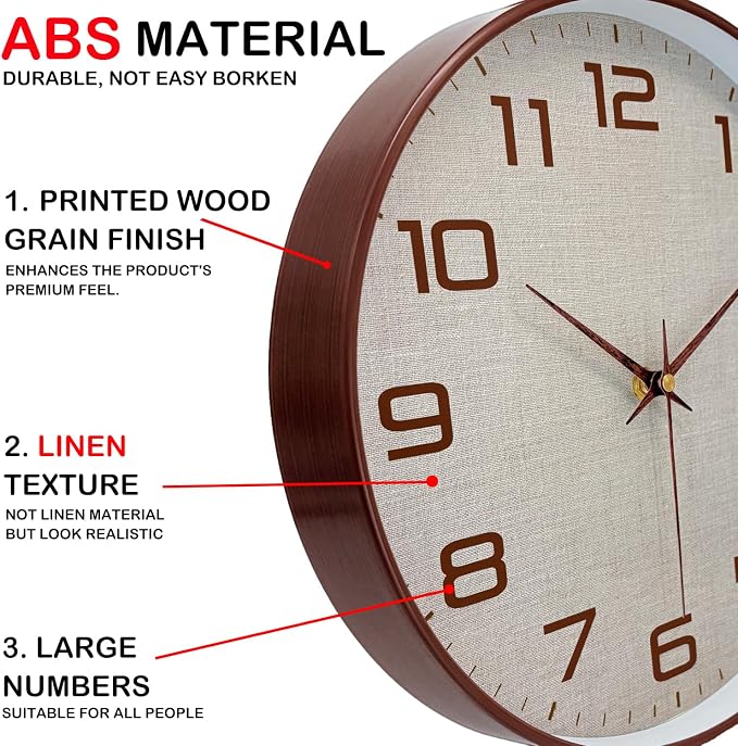 Woodgrain Wall Clock, Silent Non-Ticking Wall Clocks Battery Operated 8 Inch, Linen Texture Large Easy-to-Read Numbers Modern Analog Clock for Bedroom Living Room Kitchen Office Gym, Brown