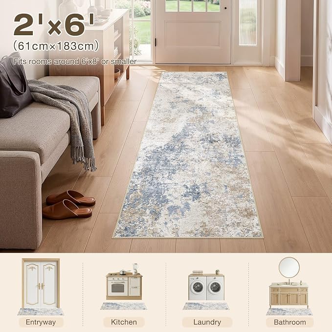 Nakagishi 2x6 Abstract Washable Area Rugs for Entryway-Blue Brown | Modern Non-Slip Silicone Backing Low Pile Soft Carpet for Bedroom Dining Decor for Families with Kids and Pets