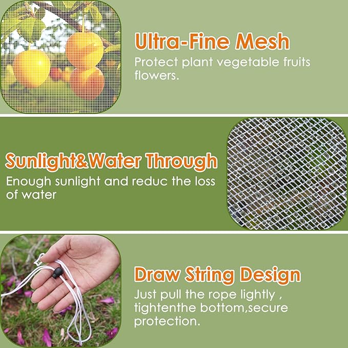 Mesh Plant Cover 3PCS,Garden Netting Mesh Outdoor,Netting for Tomato Plants,Garden Bug Netting Plant Cover,Bird Netting for Garden,Fruit Tree Netting (3.2 x 4.9 ft)