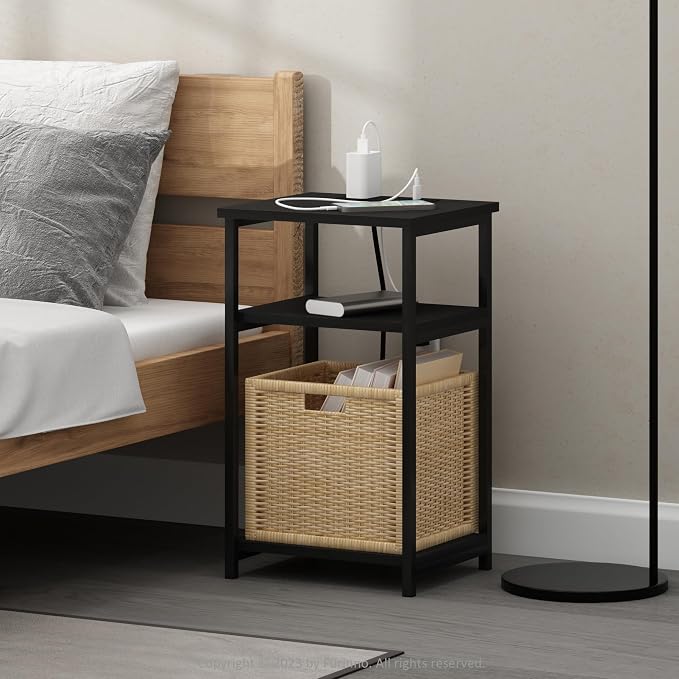 Furinno Moretti Side Table, 3-Tier Modern End Table with Charging Station, Metal Frame Night Stand, Bedside Table with USB and Type-C Port, for Living Room, Bedroom, Americano