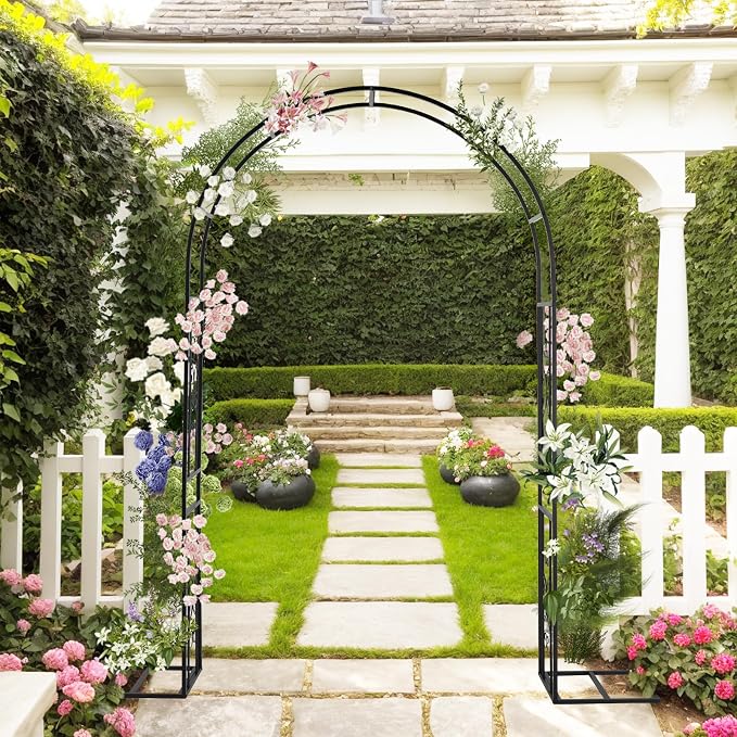Outvita Garden Arch Trellis with Base, Heavy Duty Metal Arbour Archway for Climbing Plants Outdoor, Wedding Ceremony Party Patio Decor Black