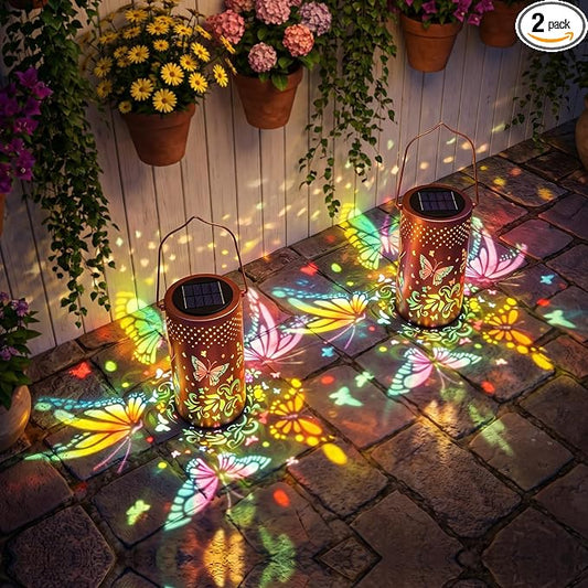2 Pack - Colorful Butterfly Hanging Solar Lanterns Outdoor Waterproof, Decorative Metal Solar Hanging Lanterns for Porch Yard Tabletop Path Lawn and Garden Decor, Ideal Gifts for Mom Grandma Women